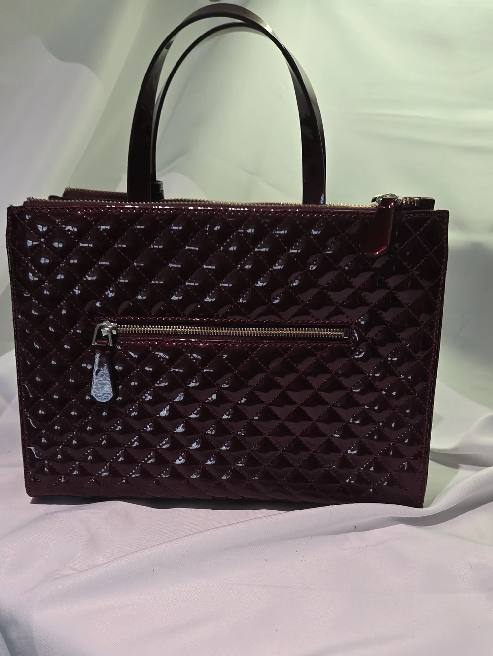 Guess Quilted Patent Satchel in Deep Wine